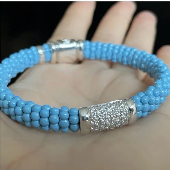 Lagos Blue Caviar Silver 925 Station Ceramic Diamond Bracelet 9mm - Picture 10 of 10